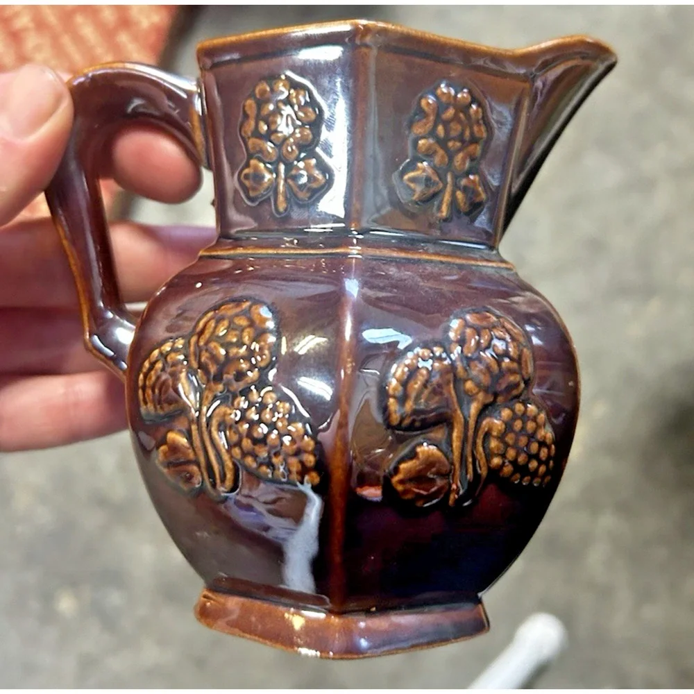 Vintage Norleans Japan Brown Embossed Ceramic Pitcher Creamer Grapes Mid Century